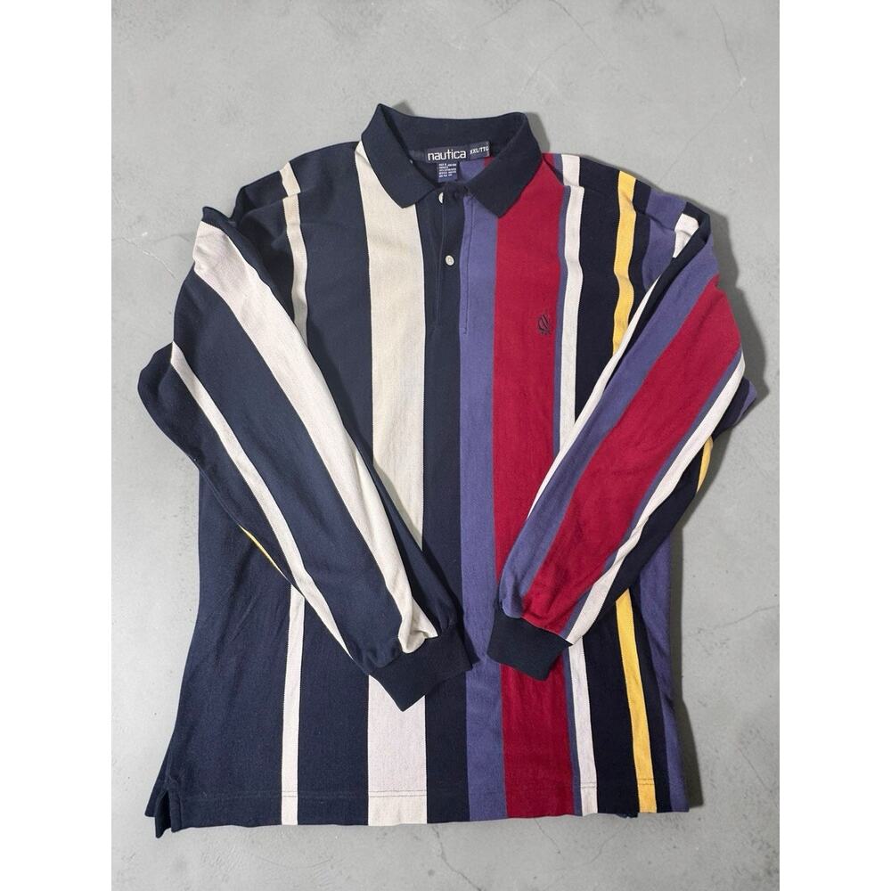 Vintage 90s Nautica Polo Shirt Mens XXL Striped Colorblock Long Sleeve Rugby